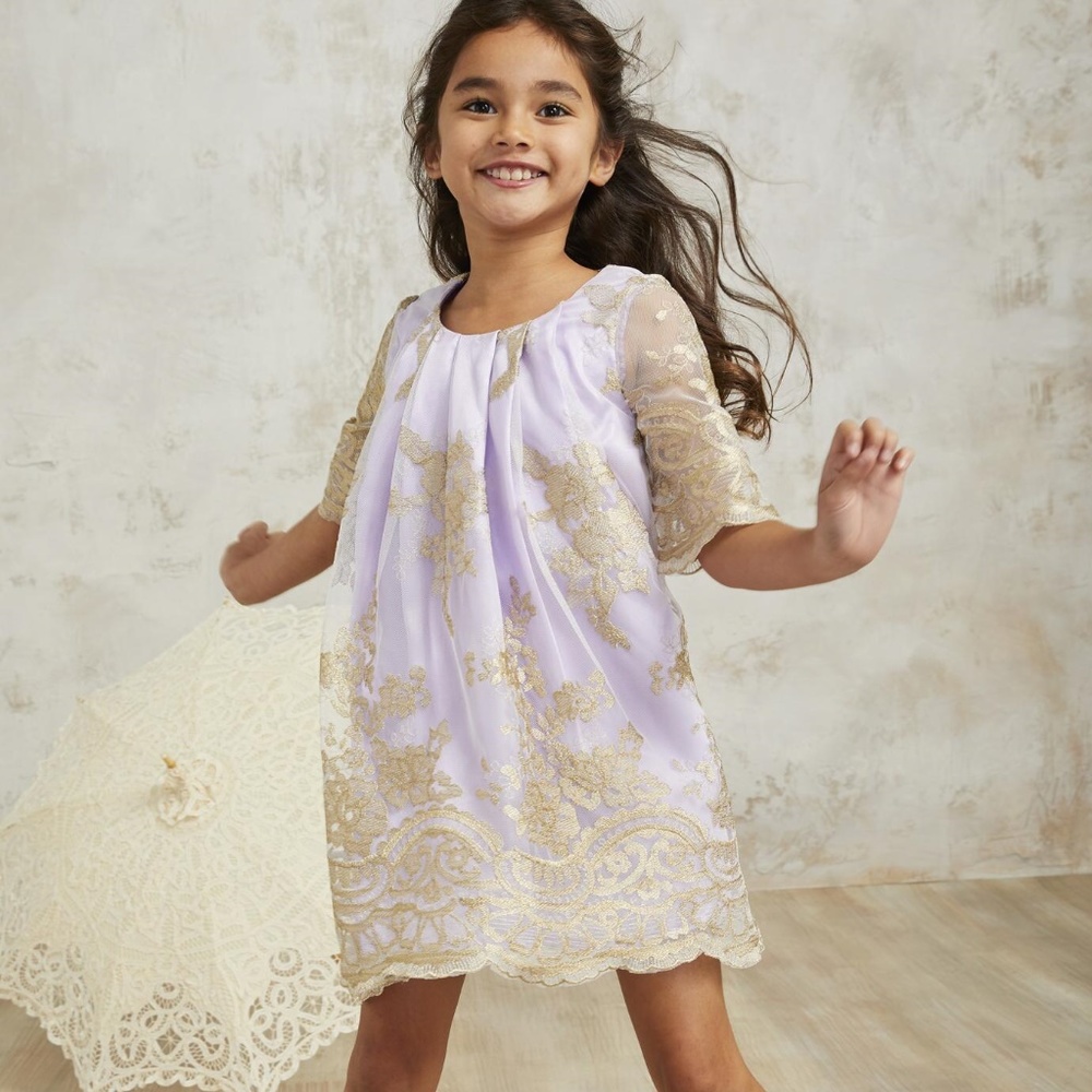 NWT Chasing Fireflies Gold Lace Girls OPULENT Blush rose Pink Dress, NEW s 6/6x